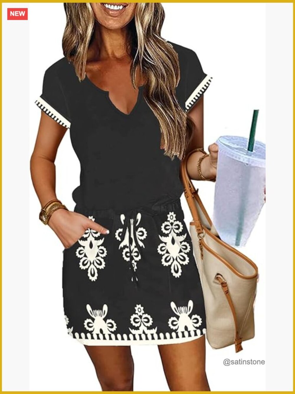 Women's Casual V Neck Short Sleeve T Shirt Dress with Pockets Drawstring Waist